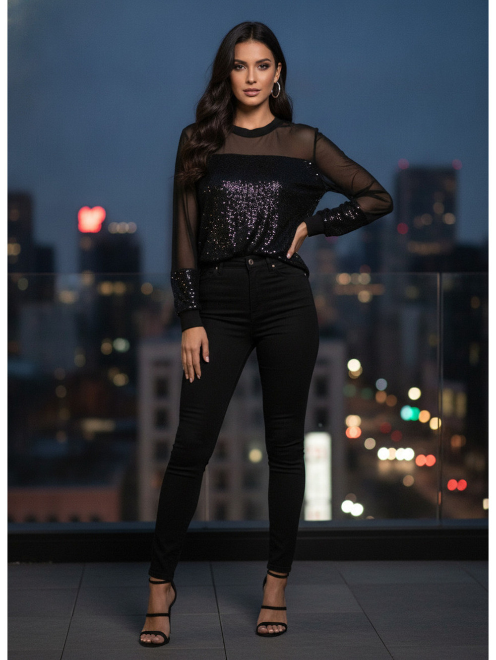 NEW Nine West 9W Women's Black Sequin Mesh Long Sleeve Blouse Size XL